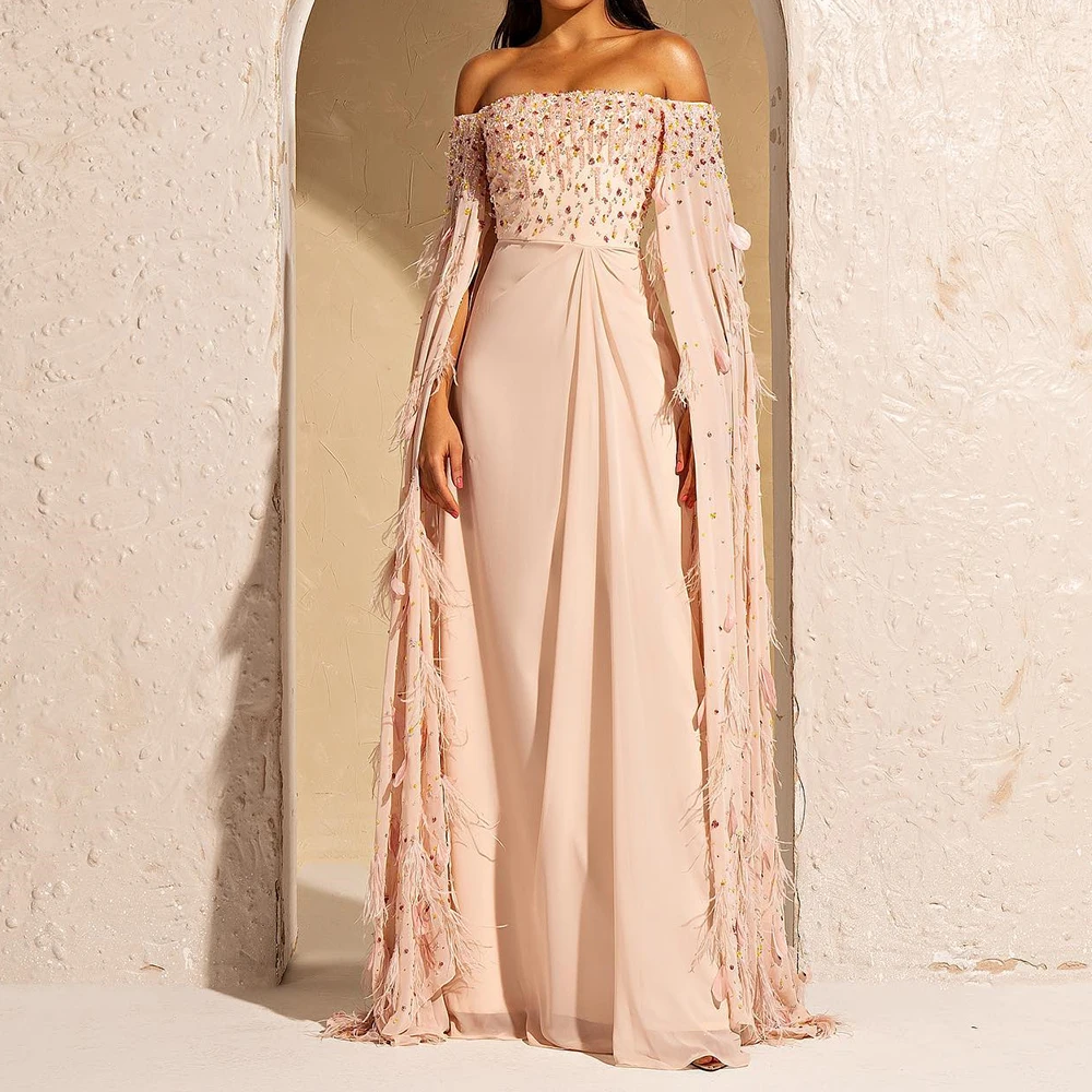 

Elegant Straight Floor Length Strapless Off the Shoulder Chiffon Crystal Evening Dress Modern Photo Color vestidos de fiesta