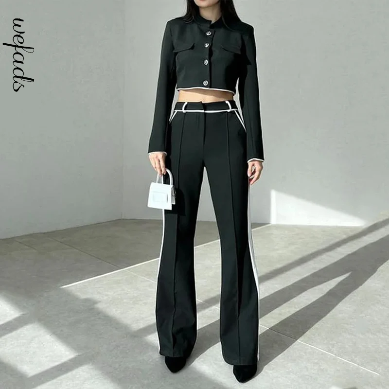 Wefads Autumn 2024 2 Piece Set Women Fashion Simple Stand Collar Long Sleeve Single Breasted Button Top Patchwork Pants Sets