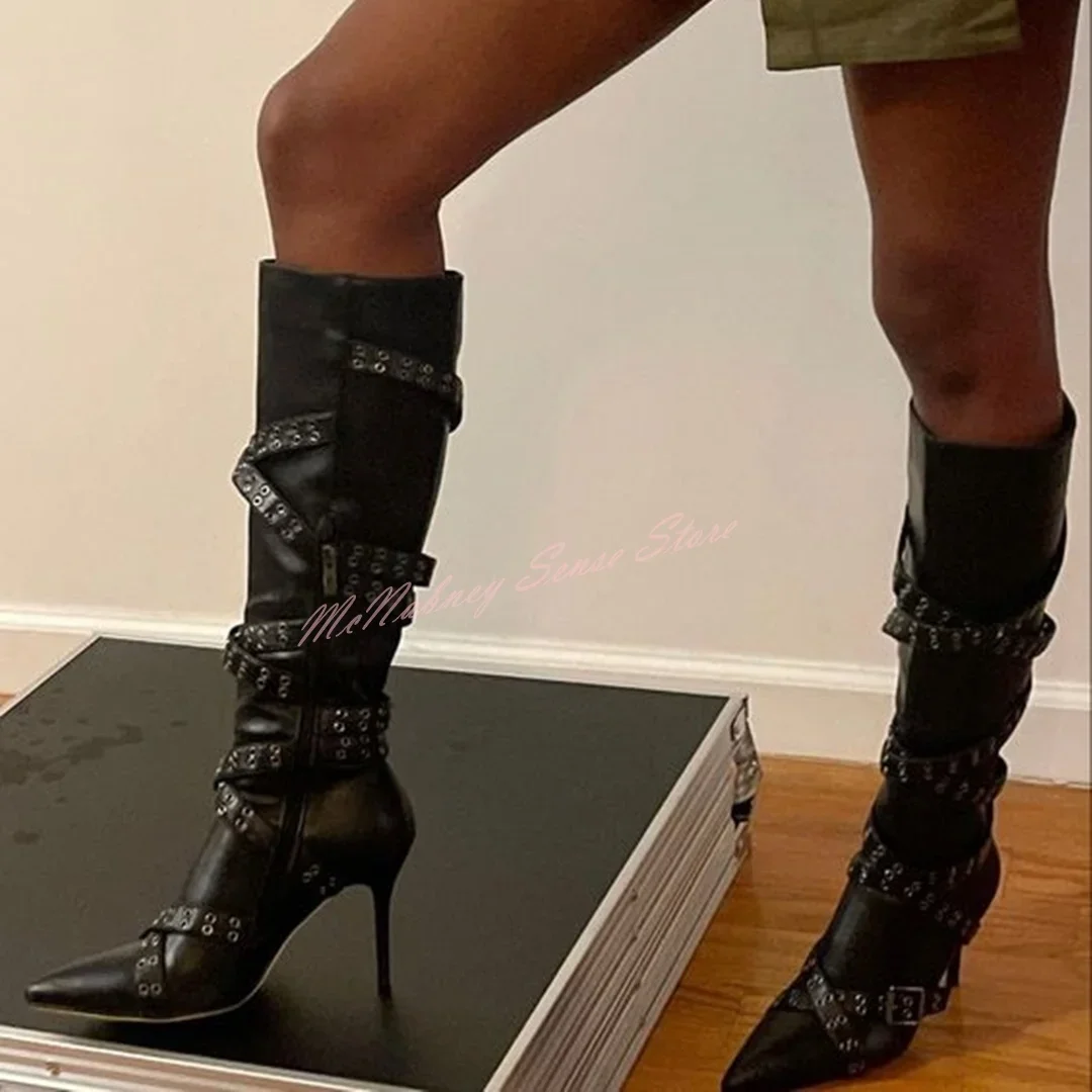 

Сексуальные женские сапоги с перекрестной шнуровкой на ремне, новый стиль, кожаные сапоги на шпильках, на молнии, до колена, осенняя модель