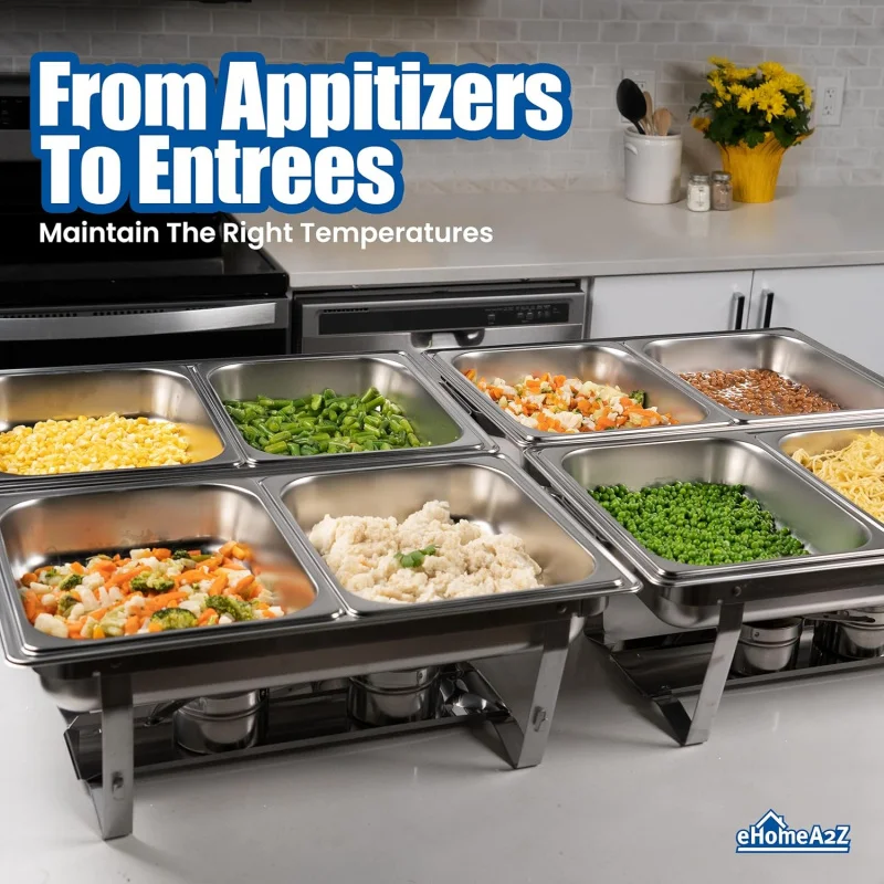 Chafing Dish Buffet Set (4) Chafers 8QT Buffet Servers And Warmers, Chaffing Servers With Covers, Catering, Chafer, Folding