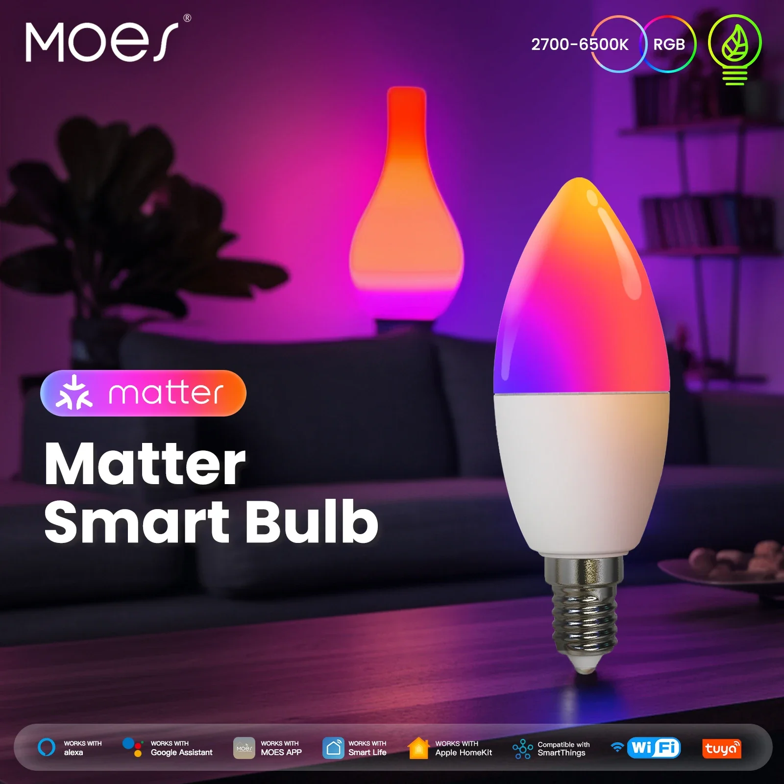 MOES-bombilla inteligente Tuya Matter, luz Led regulable con WiFi, 16 millones de colores RGB, lámpara de vela E14, Control por voz, Alexa y Google