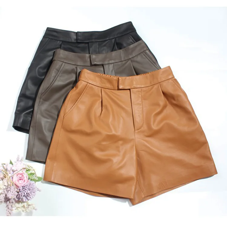 2024 New Genuine Sheepskin Leather Pants Versatile Diagonal Pocket Wide Leg Shorts E37