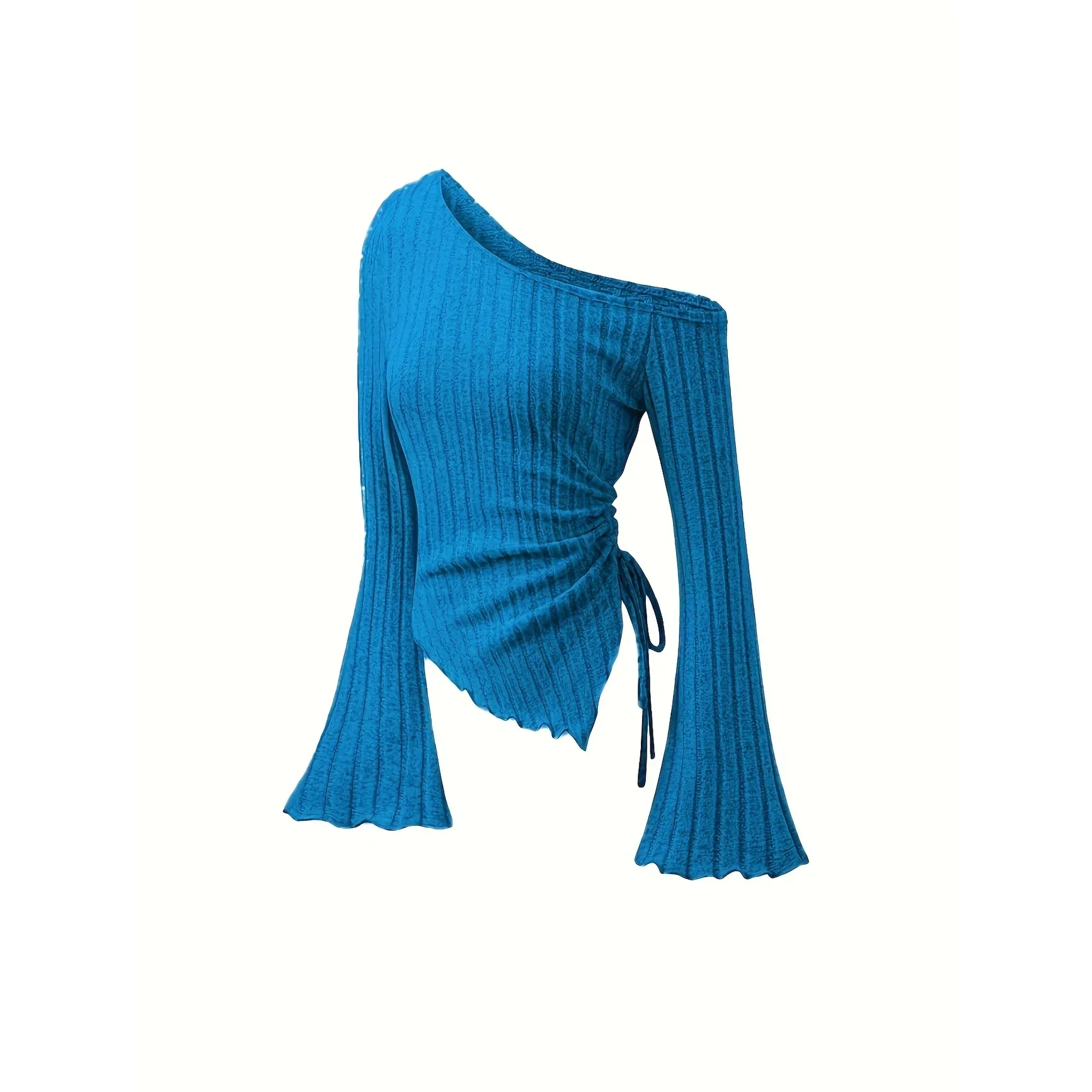 

women's New off shoulder cross long sleeved slim fit casual street style asymmetrical elegant T-shirt trumpet sleeve top