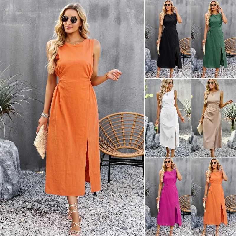 

New European and American Style Solid Color Dress2025Summer Elegant Waist-Cinching Long Sleeveless Dress