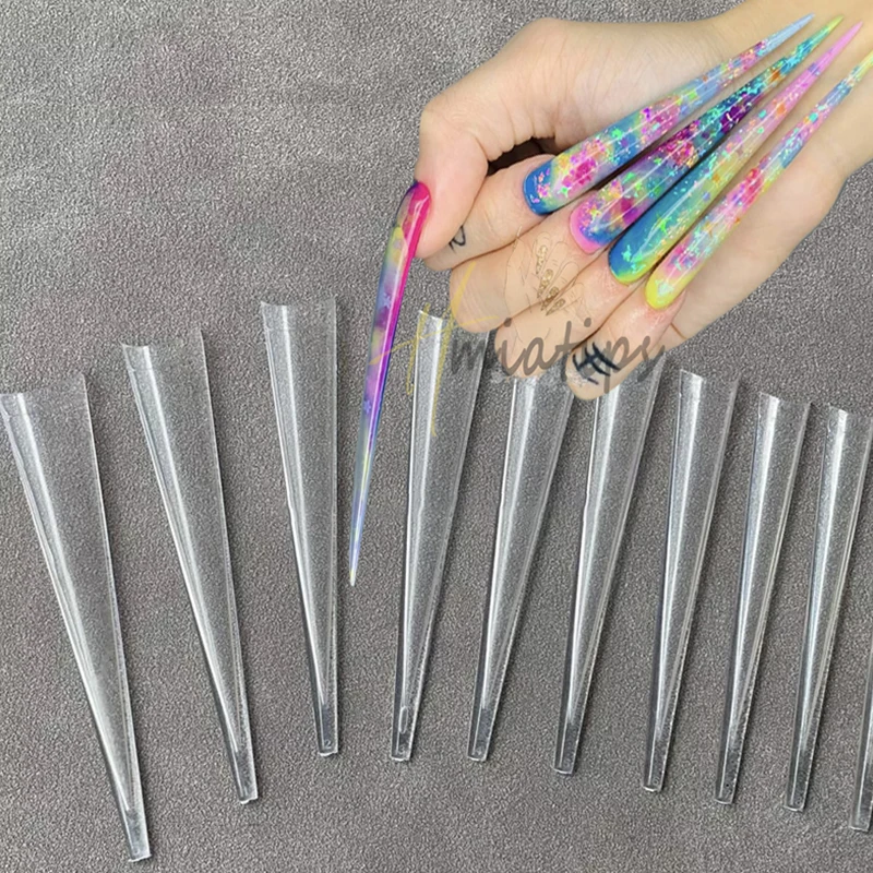 100pcs 5XL Extra Long Stiletto Acrylic Press On Fake Nails Tips Clear Artificial Half Cover False Finger Sculpted Nail Manicure