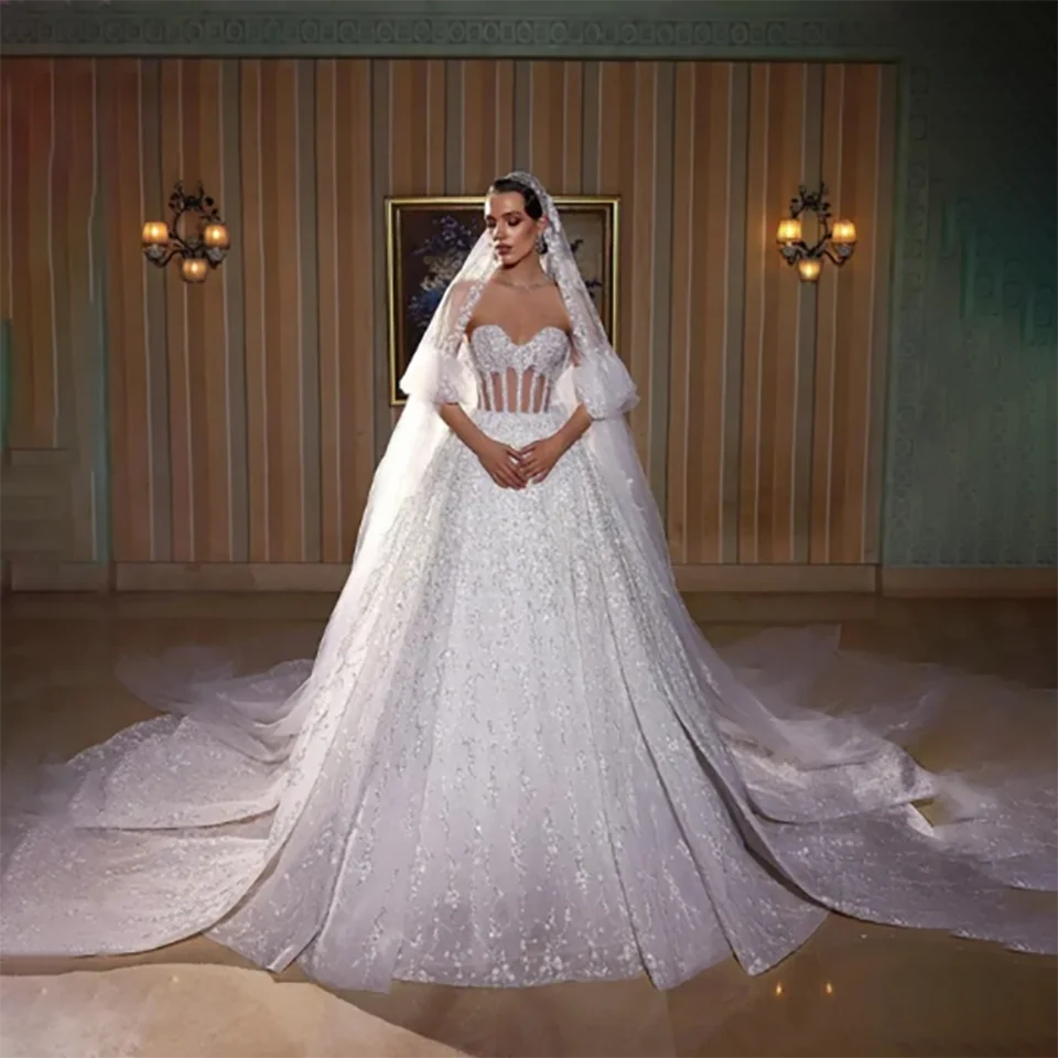 Personalizado brilhante cristal frisado vestido de baile vestidos de casamento 2025 ilusão sem alças com tribunal trem tule vestidos de novia