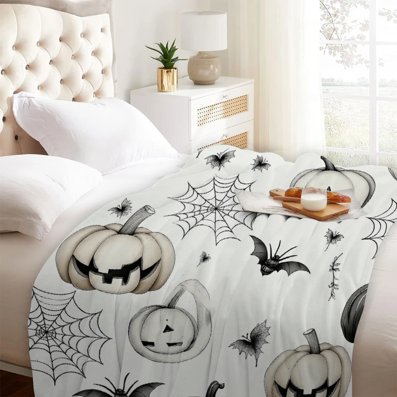 Halloween  Blanket,  Soft Fuzzy Plush  Pumpkin Bat Witch Pattern Cozy Warm  for Bed Couch Sofa, All Seasons  Home Decor