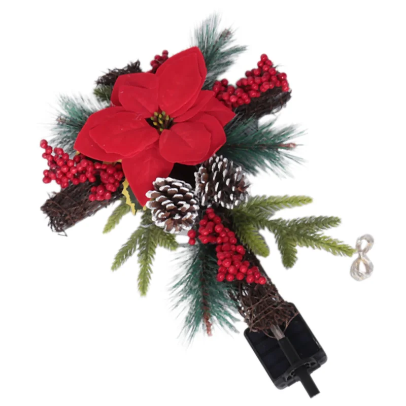 

-A41U Christmas Cross Stake Metal Cross Solar Powered With Fairy Lights, Natural Rattan, Red Poinsettia & Berries