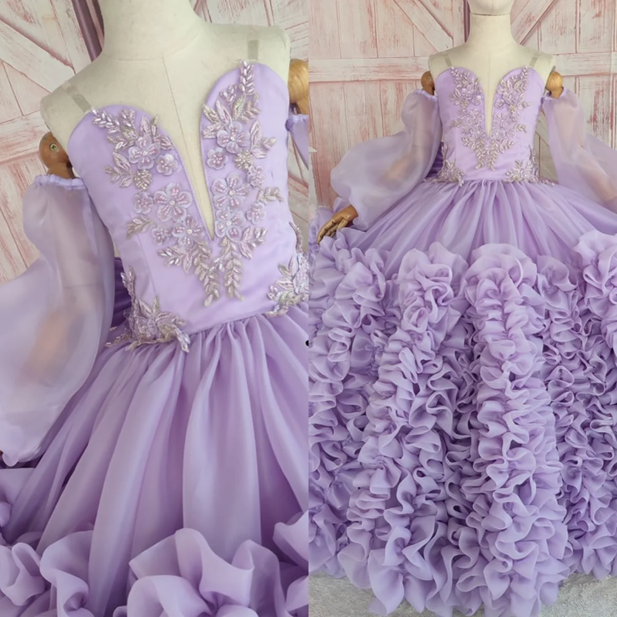 

Lavender Girls Birthday Party Dresses Customized Crystal Ruffles Flower Girl Dresses Baby Kids Pageant Gowns