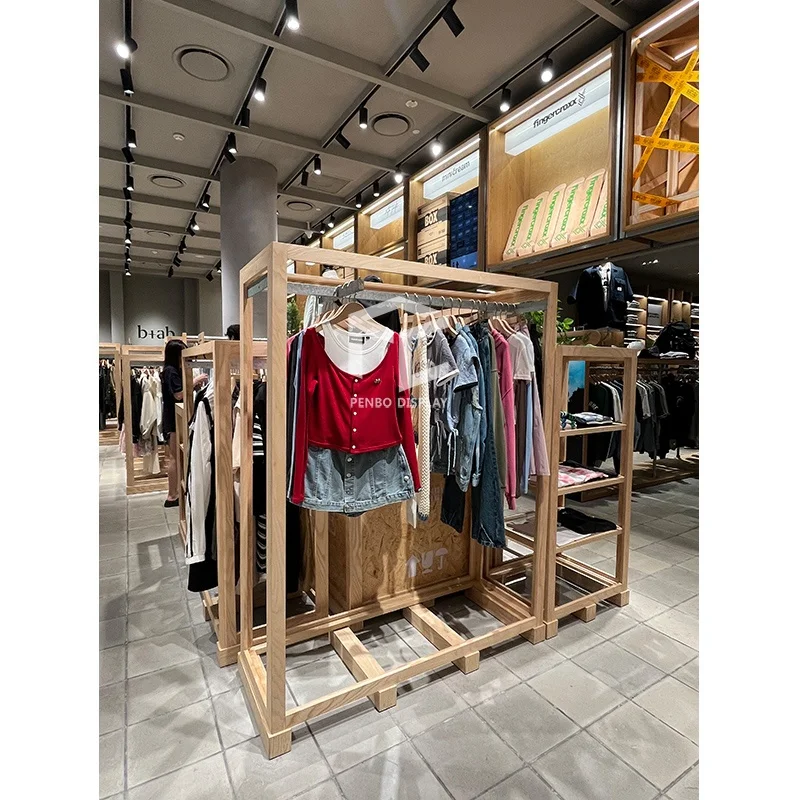 custom.Wood Wall Display Shelf with Hanger Pretty Garment Racks and Clothes Display Stand Retail Clothing Store Furniture
