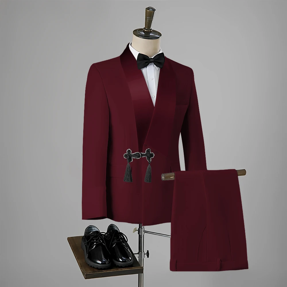 Gorgeous Disc Screw Thread Men Suit Wedding Tassel Shawl Lapel One Buttons Groom Tuxedo Slim Fit Suits 2 Piece(Blazer Pant)
