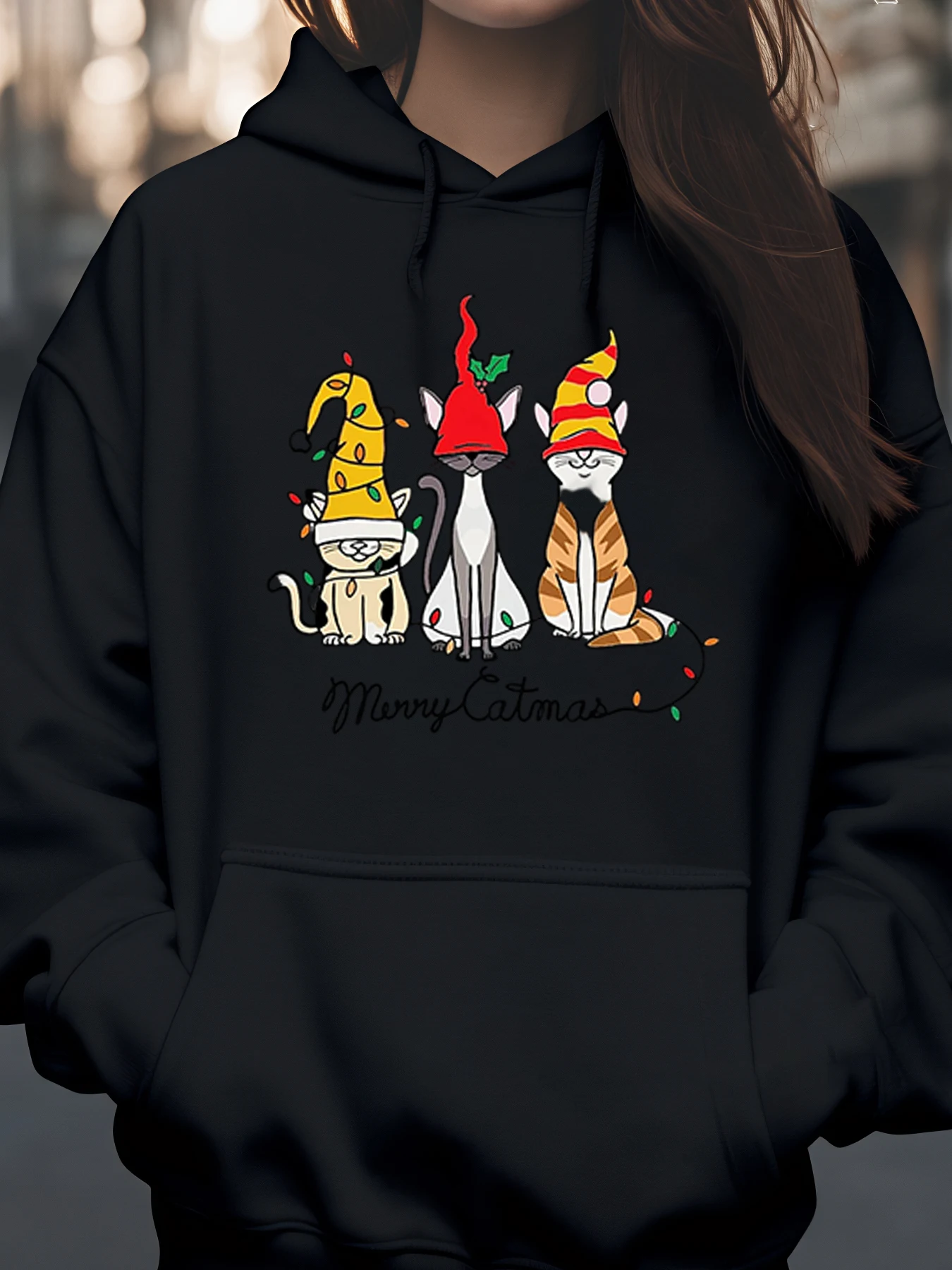 

Cats with Christmas Hats Merry Catmas Print Hoodie Holiday Wear for Cat Lovers