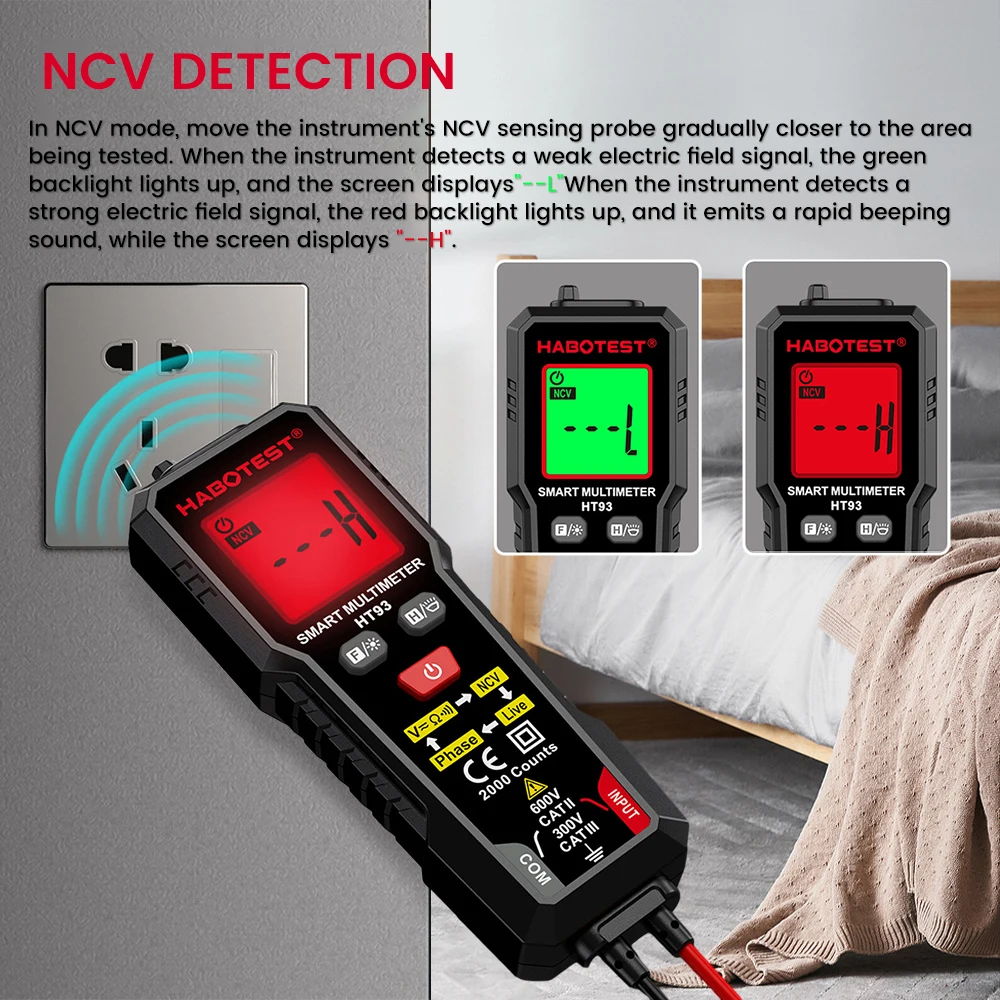 HABOTEST HT93 Digital Multimeters Voltage Tester 2000 Counts AC/DC Volt Meter True RMS NCV Phase Test Auto-Ranging Multimetro