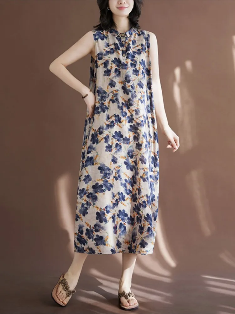 Oversized Summer Sleeveless Flower Floral Print Midi Dress Women Loose Ruffle Pleated Fashion Ladies Dresses Casual Woman Dress