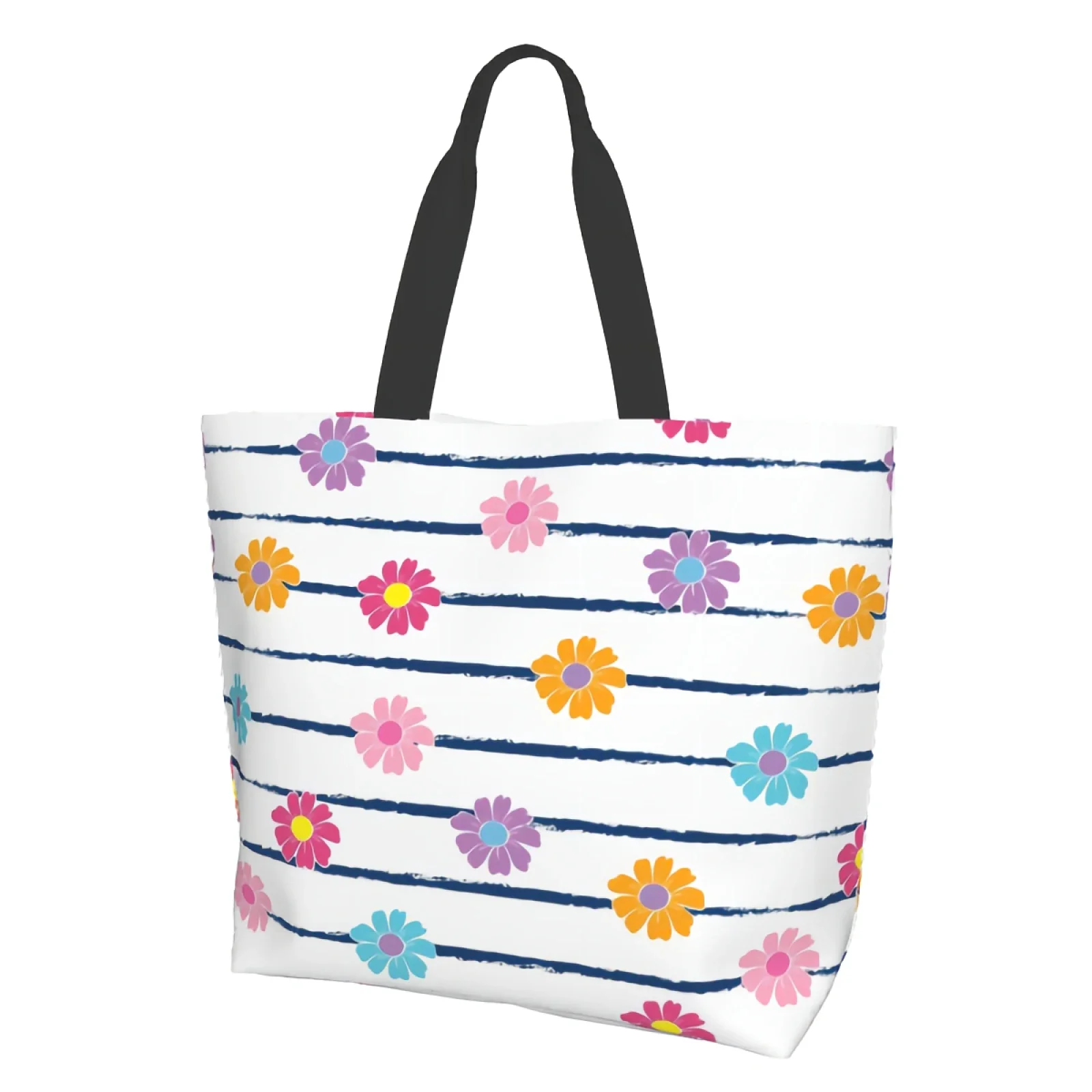 Cute Daisy Abstract Flowers Colorful Cartoon Floral White Black Stripes Canvas Tote Bag for Women Weekend Reusable Grocery Bags