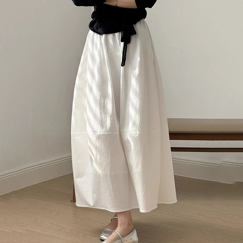 Spring Summer White Long Maxi Skirt Women Elastic High Waist Flared Umbrella A Line Solid Casual Elegant Skirt