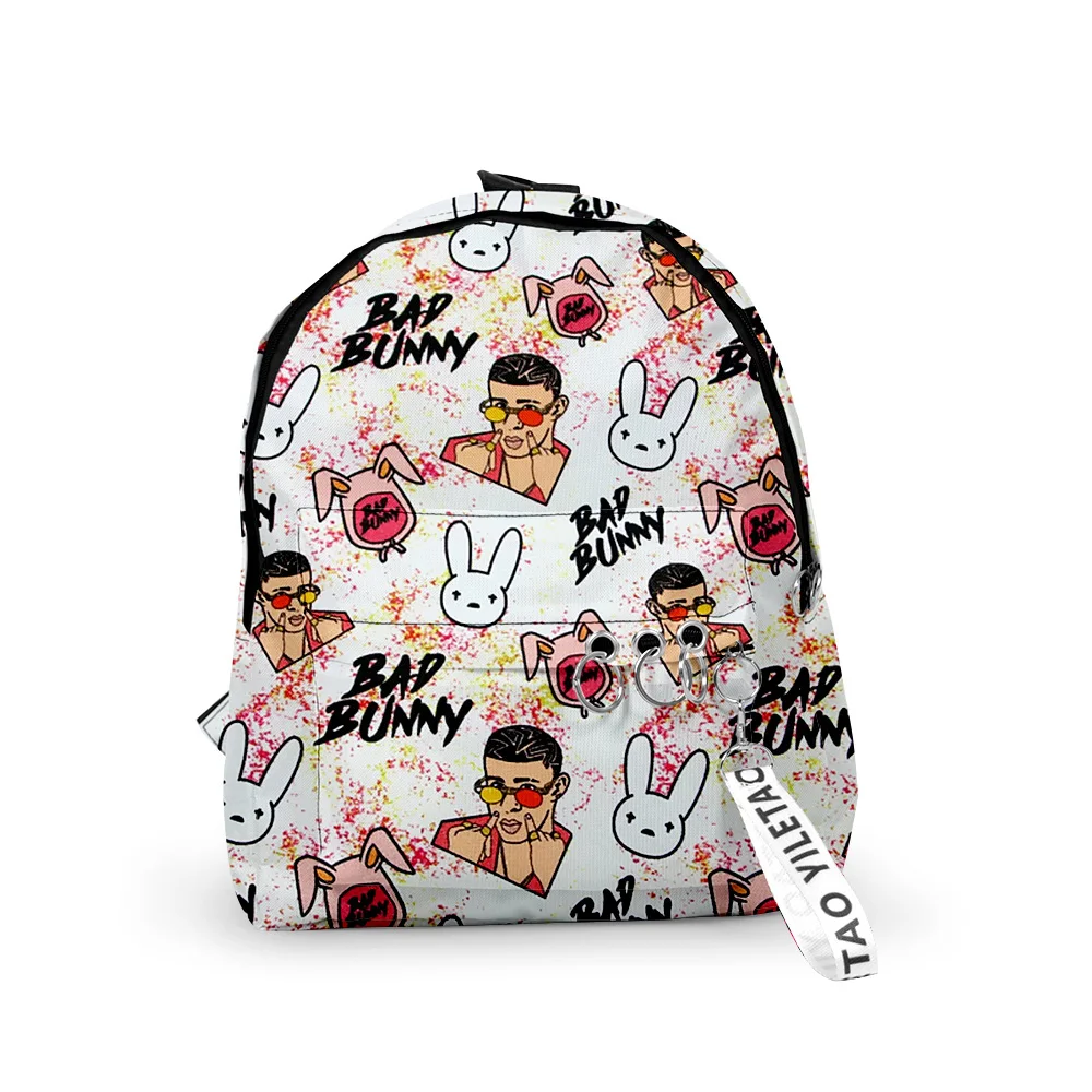 

Роскошные новинки, крутые рюкзаки Bad Bunny для мальчиков и девочек, школьные сумки с 3D принтом, брелки, оксфордские водонепроницаемые милые маленькие рюкзаки