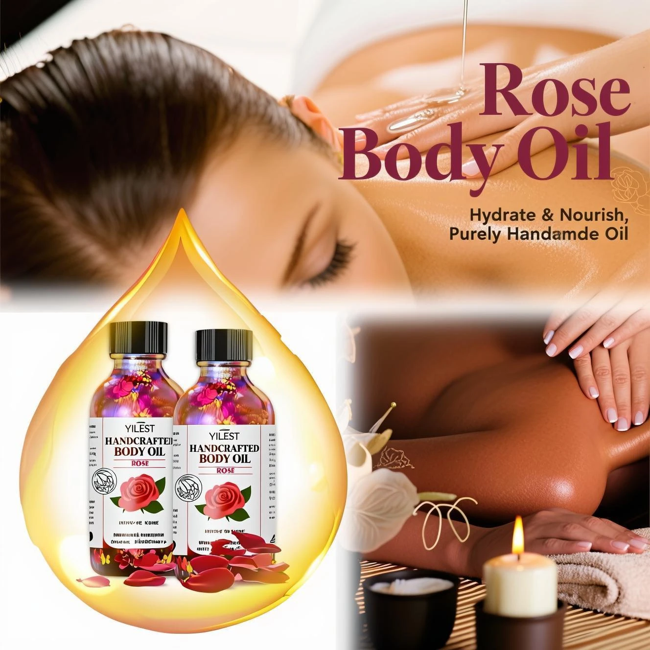 

Handmade Rose Body Oil - Natural Blend with Jojoba & Sweet Almond Oil for Deep Hydration, Nourishes Dry, Dull Skin