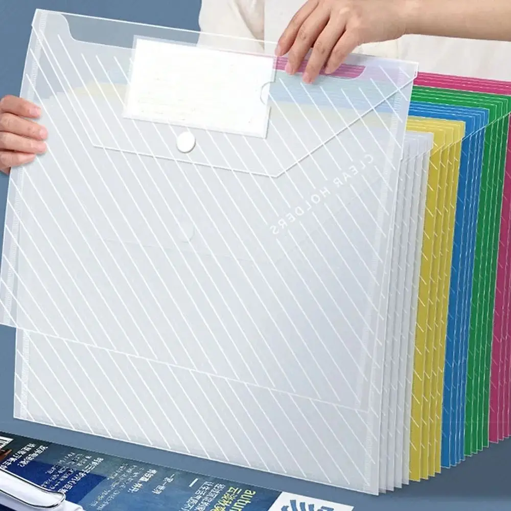 10pcs/bag Portable A4 Document Bag Transparent with Buttons Archives Bag Waterproof Reusable File Bag