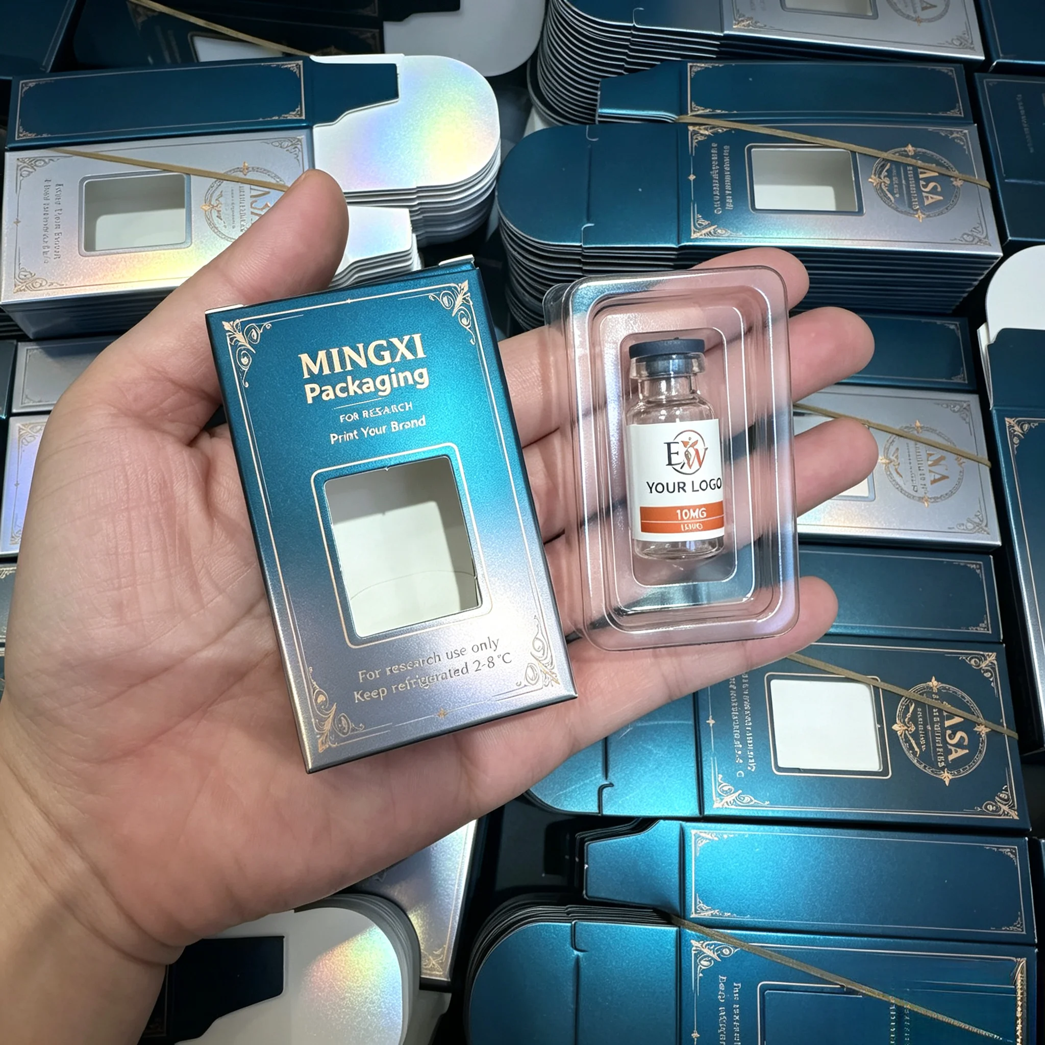 Free Custom Logo Peptide Paper Box & Vial Labels,1 Pack Window Box With Blister Tray,Holographic Custom Craft For 3ml 10ml