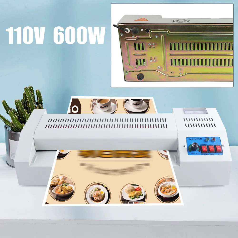 Máquina de laminação térmica 600W 110V, sistema de rolos A3 A4, laminação térmica de filme quente e frio de quatro rolos