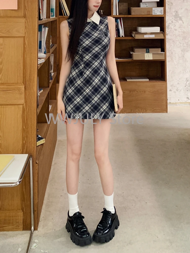 2024 Korean Fashion Graduation Mini Gyaru Plaid Preppy Sleeveless Dress Women 2000s Frocks Mori Girl One-Piece Aesthetic Party