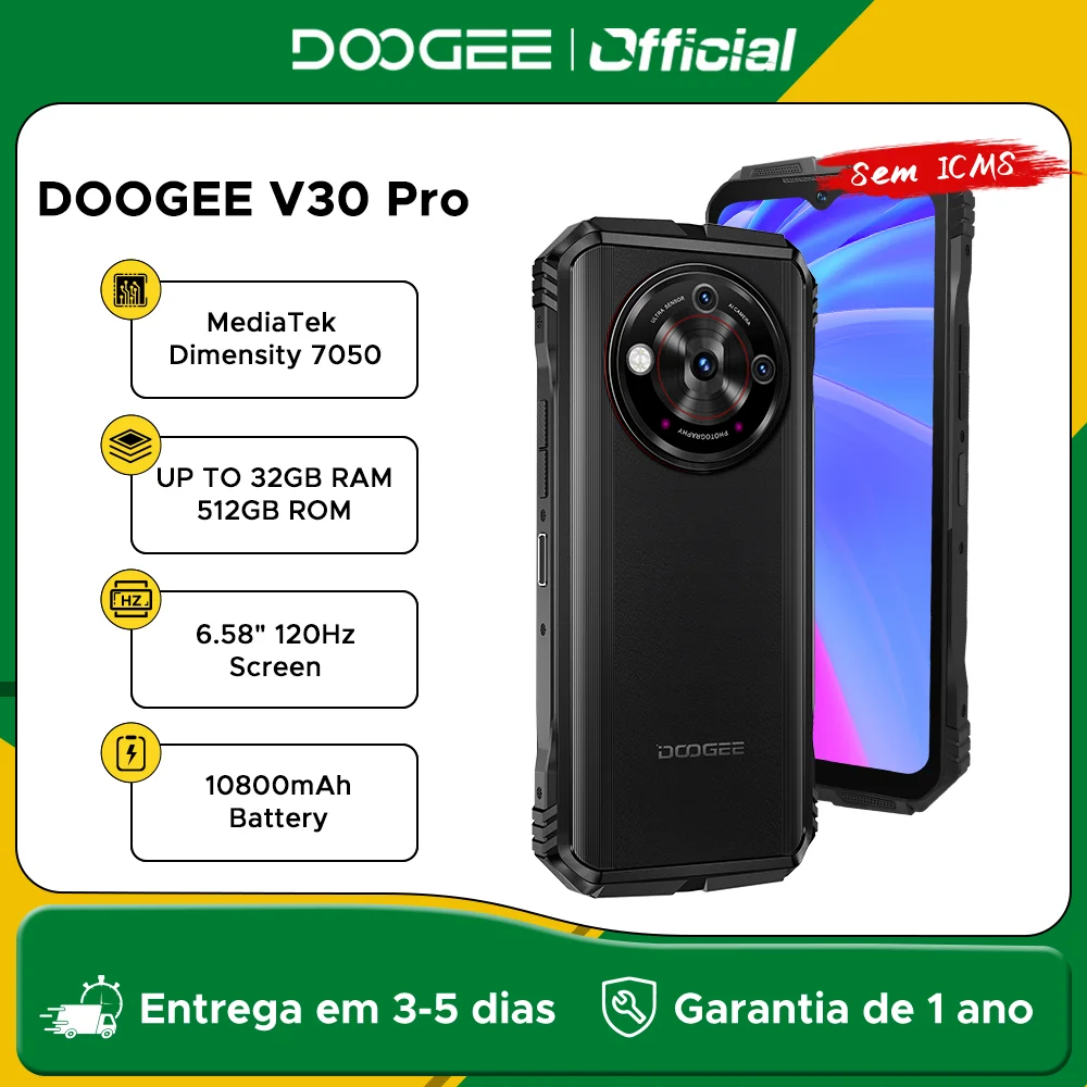 DOOGEE V30 Pro Telefone robusto Câmera de 200 MP Dimensity 7050 Smartphone 5G Tela FHD de 6,58