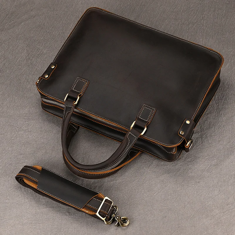 Newsbirds Mens Leather Handbag 15.6 Inch PC Notebook Laptop Briefcase Shoulder Bag 100% Cowhide Man Bag Male Business Bag