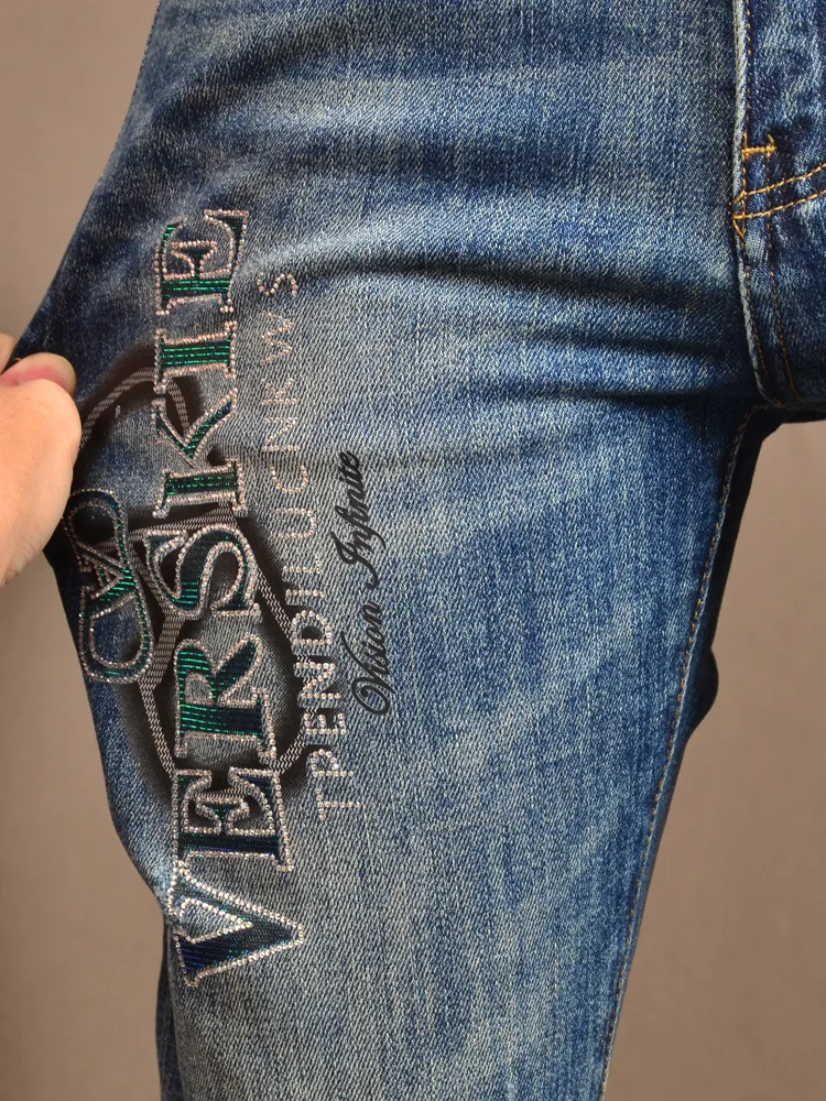 Stretch Casual Jeans Men's Spring and Autumn Fashionable Slim High-End Printed Retro Affordable Luxury Washed Skinny Pants