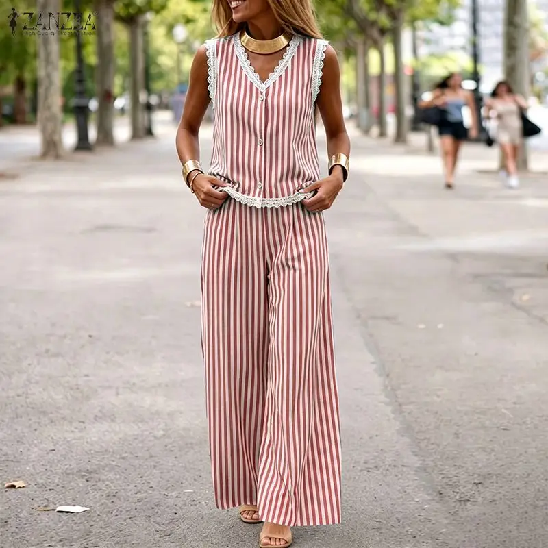 ZANZEA 2PCS Women Outfits Summer Elegant V Neck Sleeveless Striped Lace Trim Blouse Pants Sets Casual Holiday 2 Pieces Sets 2026