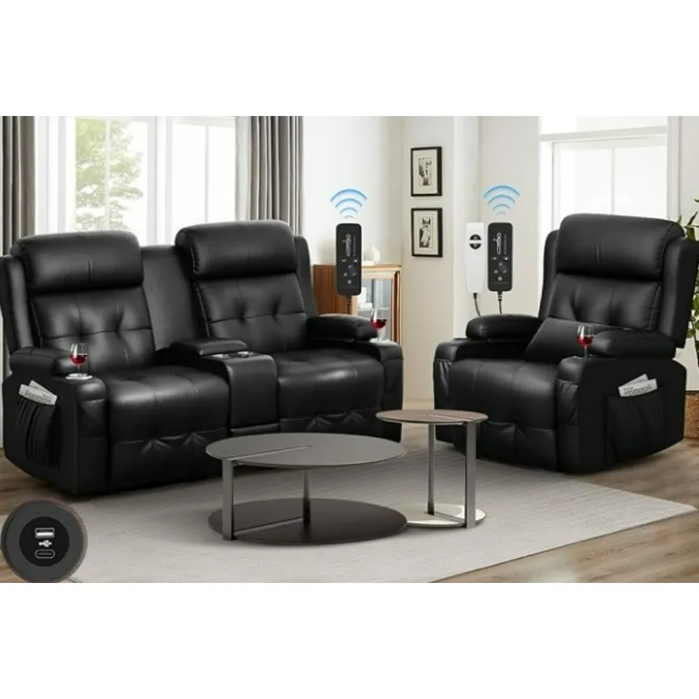 Recliner Sofa Sets, Massage Reclining Loveseat Sofa Heavy Weight Capacity, 1 Single Power Recliner Chairs Heat & Massage