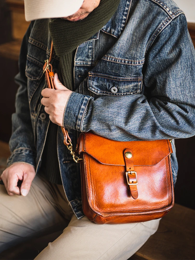 Retro vegetable tanned cowhide men small crossbody bag fashion casual designer handmade heavy genuine leather phone shoulder bag