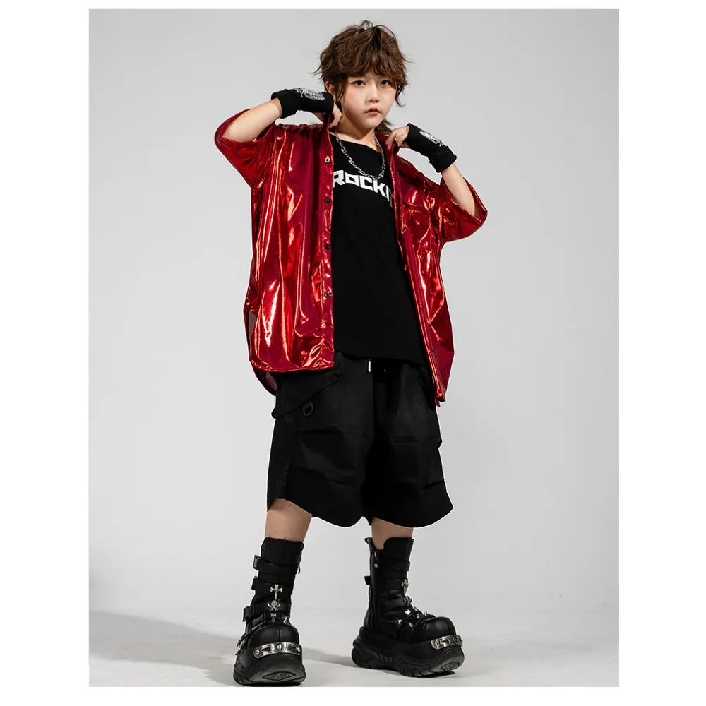 Red Shiny Shirt Hip Hop Outfit Jazz Training Wear Glossy Vest Sweatpants 3Pcs Set Stage Performance Attire Trendy Street Outfit