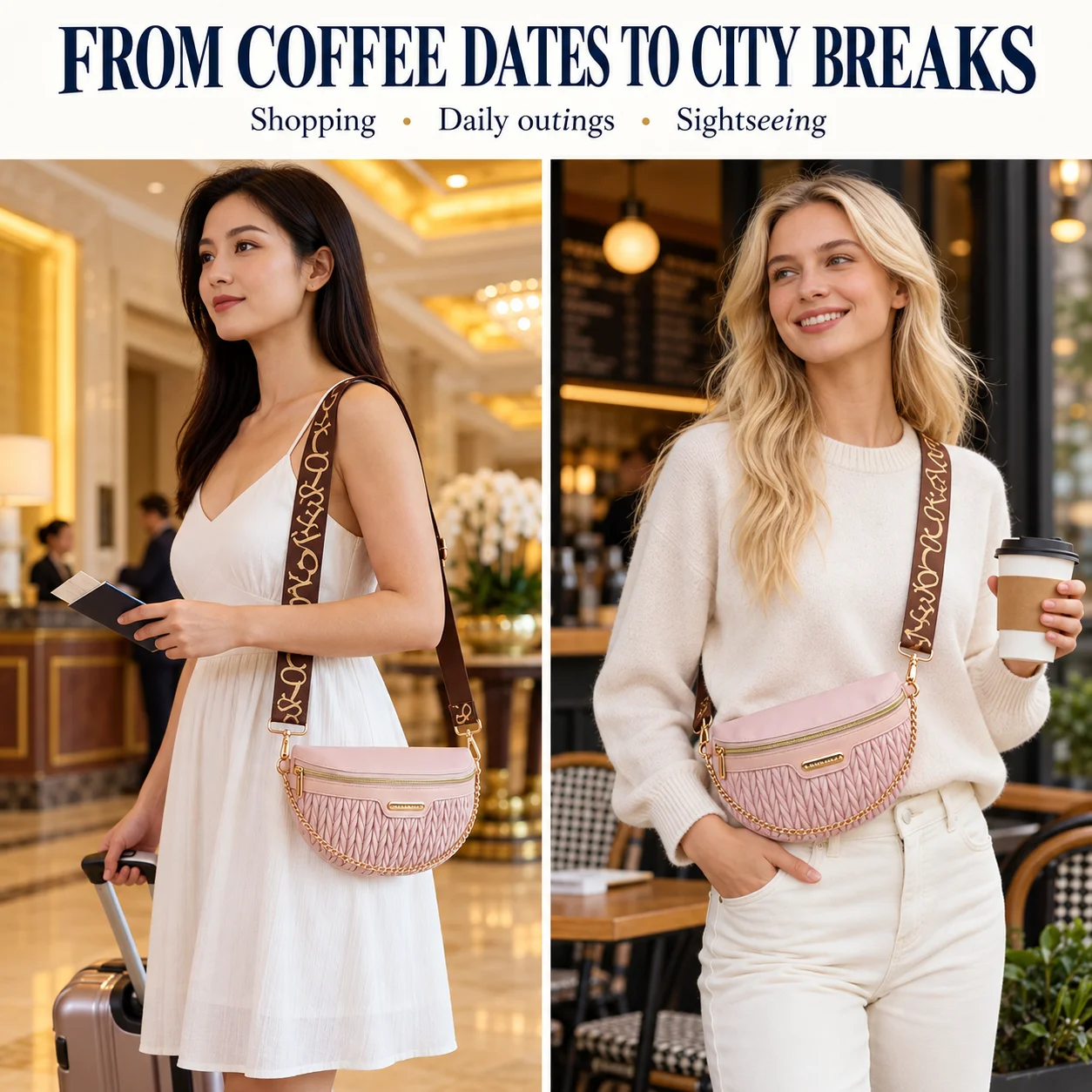 Women's Ruched Crescent Crossbody Bag, Small Pink Shoulder Purse with Adjustable Wide Strap, Gold-Tone Chain and Zipper