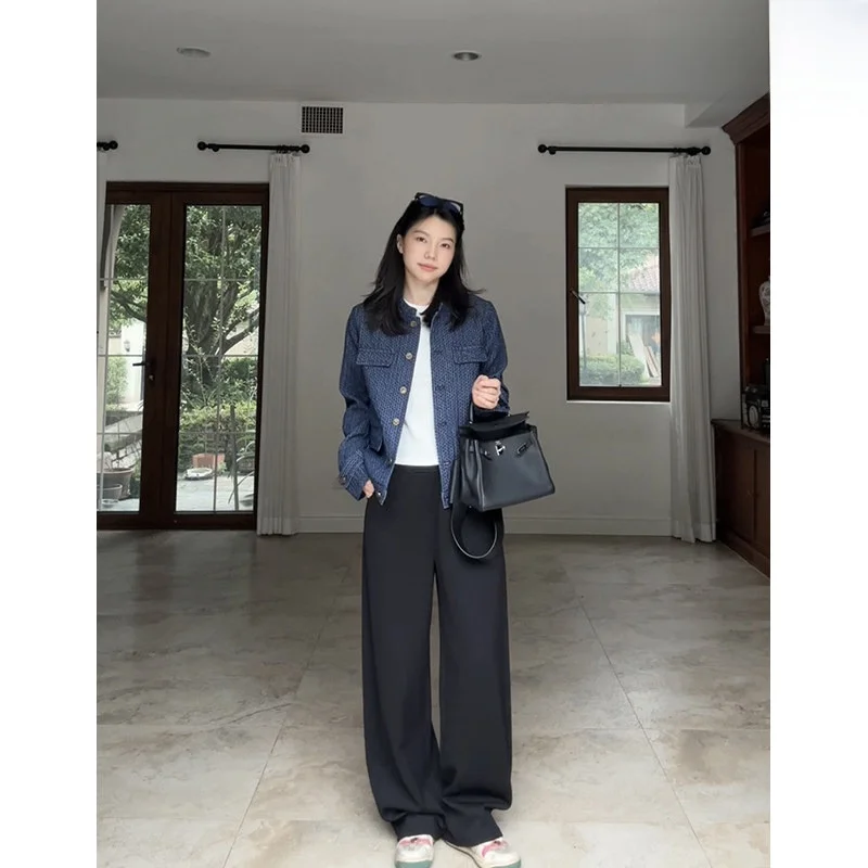 

Повседневный комплект из хлопкового денима: куртка с воротником-стойкой и универсальные брюки-джоггеры для женщин, осенний модный набор