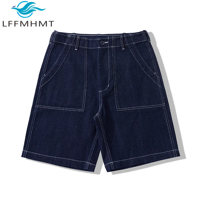 Vintage Stitching Cargo Shorts for Men Summer Fashion Good Quality 100% Cotton Denim Half Length Pants Male
