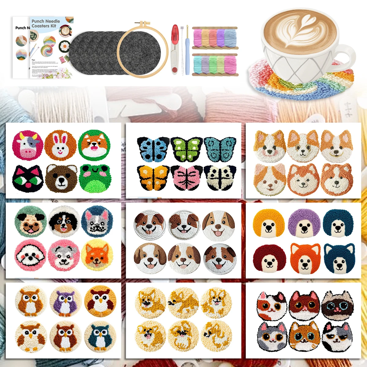 

GATYZTORY Punch Needle Coaster Set Animals 6pcs Needle Arts Craft Cross Stitch Set Embroidered Patches Coasters For Cups Cup Mat