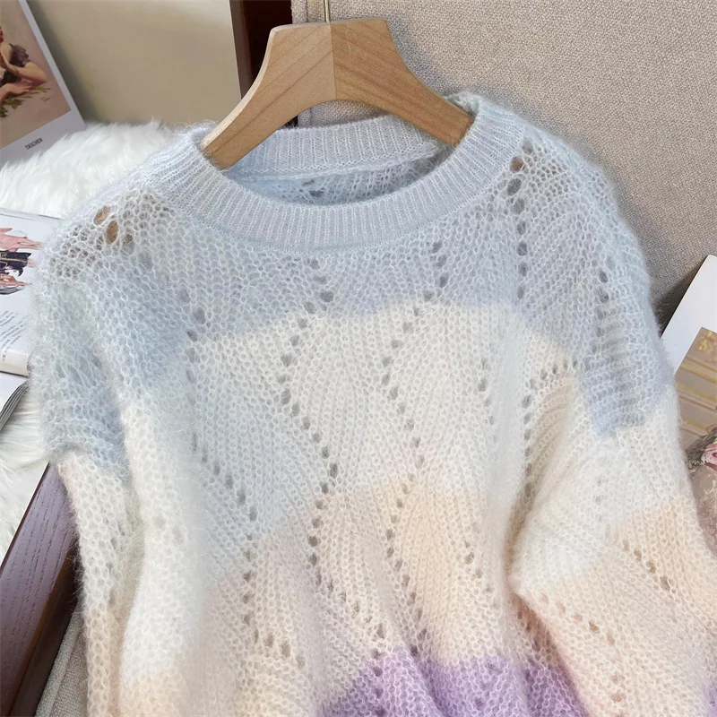 Knitted Pullover Women Sweater Jumper Spring  Autumn Long Sleeved Top Loose Gradual Color Stripe Sweaters Female Clothes