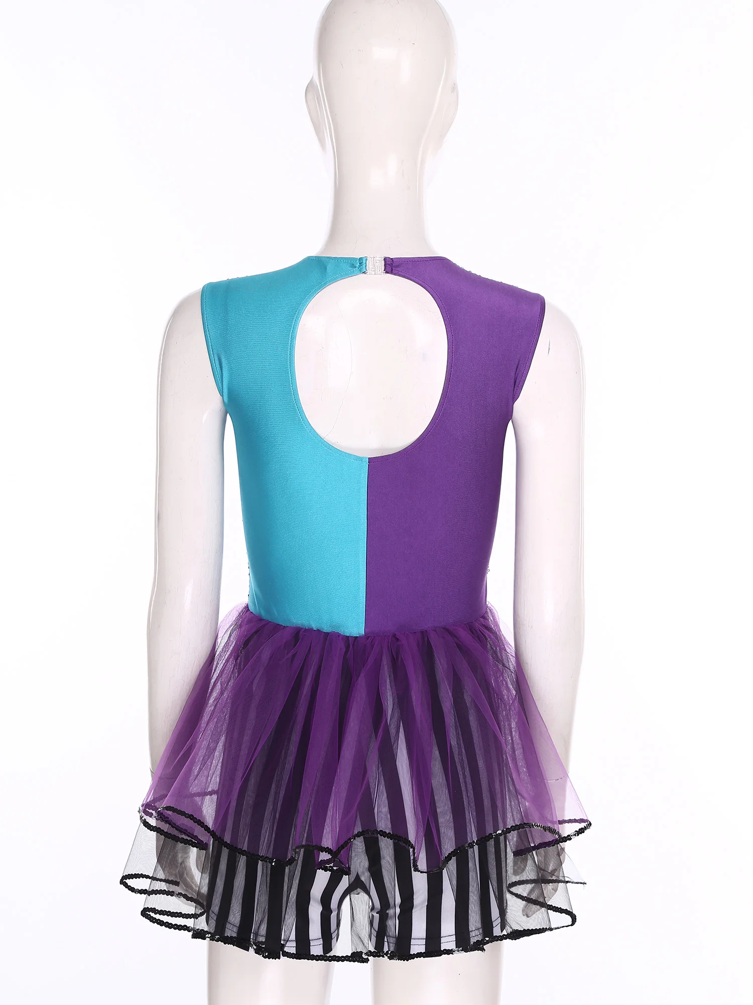 Womens Crazy Mad Clown Cosplay Jumpsuit Sequin Striped Checker Tiered Tulle Hem Rompers Ballet Jazz Dance Leotard Tutu Costumes - view 4