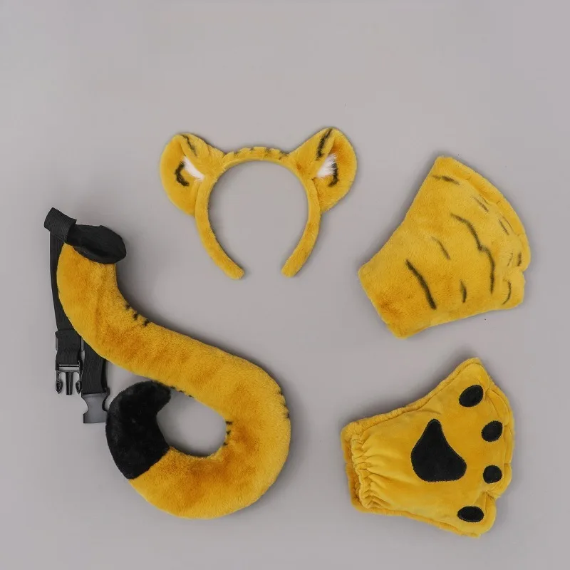 

Boy Girl Cute Plush Tiger Ears Hairband Tail Paw Gloves Set Furry Cosplay Props Stage Performance Costume Halloween Party Outfit