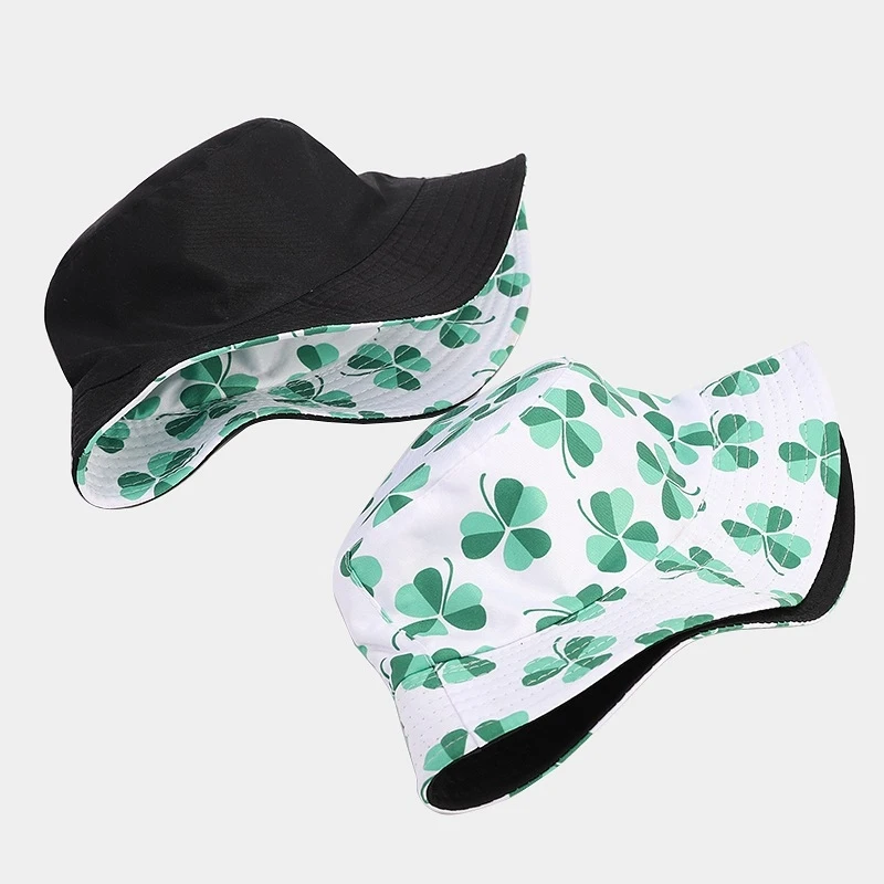 Clover Print Reversible Bucket Hat St. Patrick's Day Casual Sun Cap for Men Women