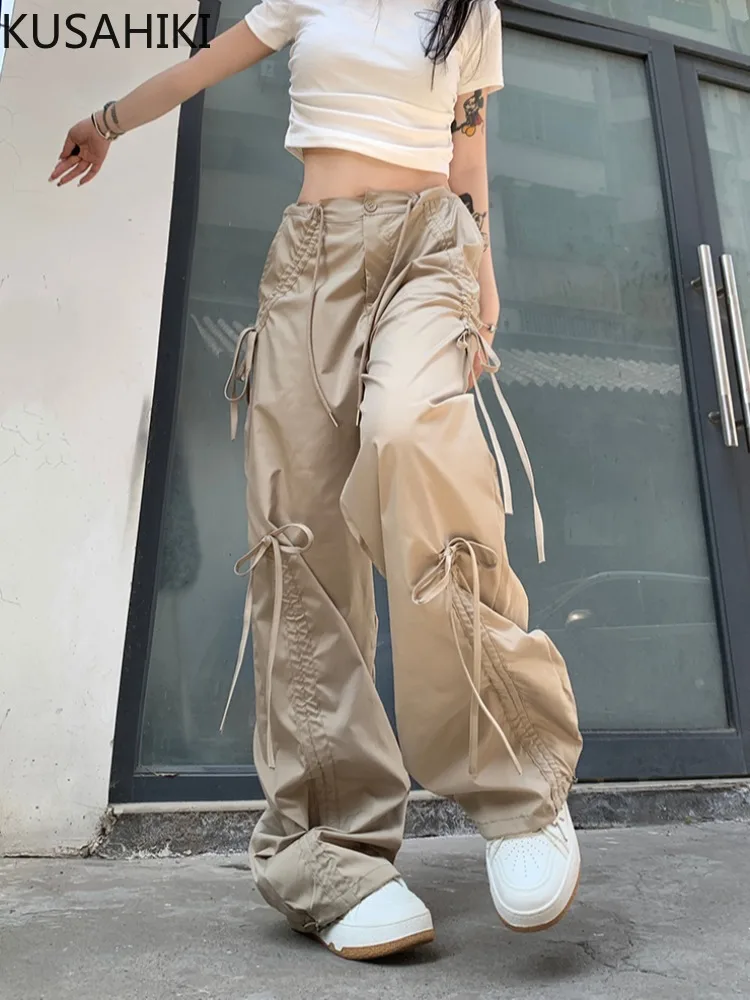 Kusahiki Strik Cargo Broek Voor Vrouwen Zomer Zoete Cool Pikante Meisje Stijl Casual Hoge Taille Wijde Pijpen Lange Broek