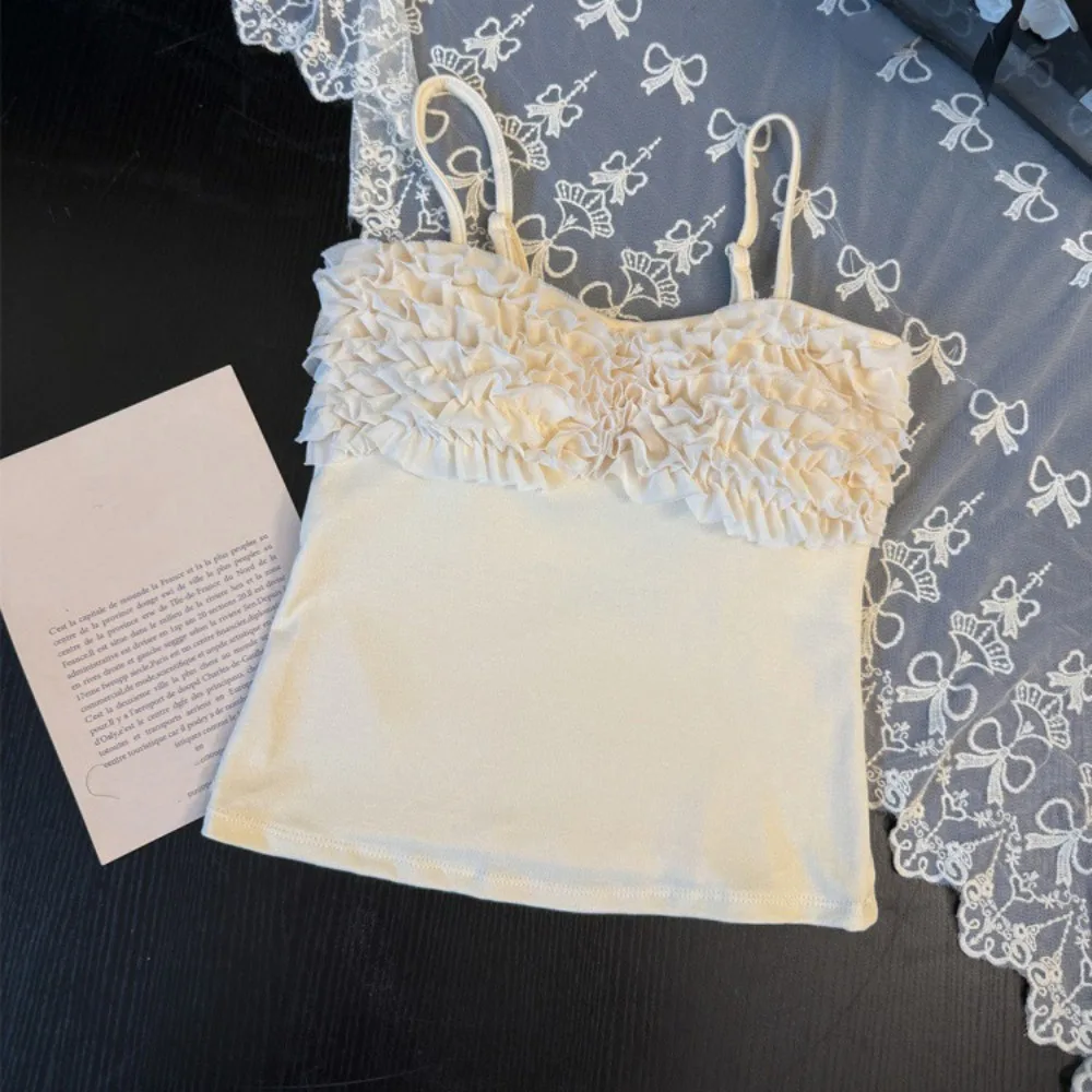 Square Neck Women's Camisole Ruffled Edge Sleeveless Slim Crop Top With Pads Chest Wrapping Suspender Bras Sweet Girl's Tank Top