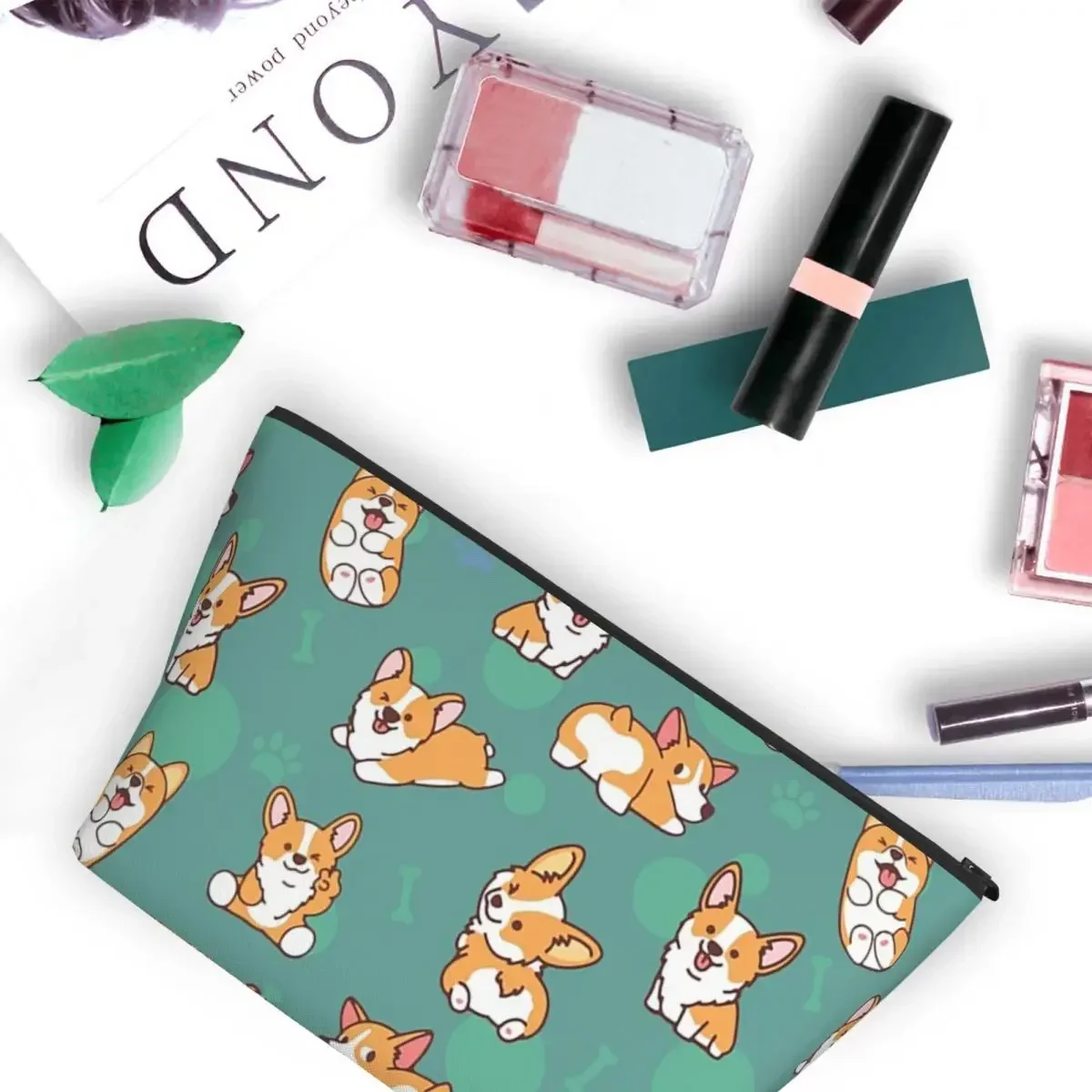 Corgi Puppy Fun - Green Women Cosmetic Bag Travel Makeup Organizer Pouch Toiletry Storage Dopp Kit Box