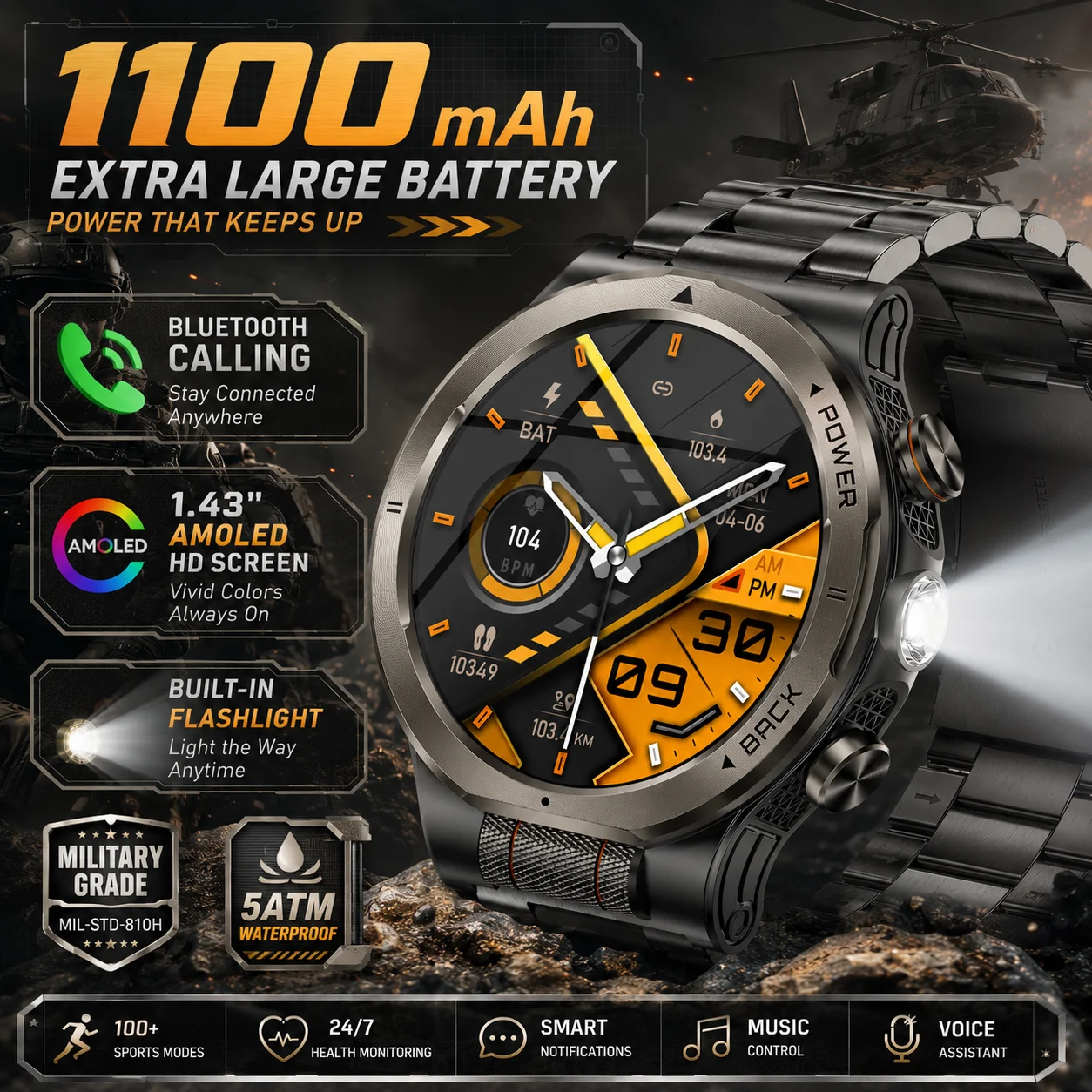 

LIGE Military 1000mAh Ultra Durable Battery Smart Watch 5ATM Waterproof 1.43” AMOLED Screen BT Call Sports Flashligh Smartwatch