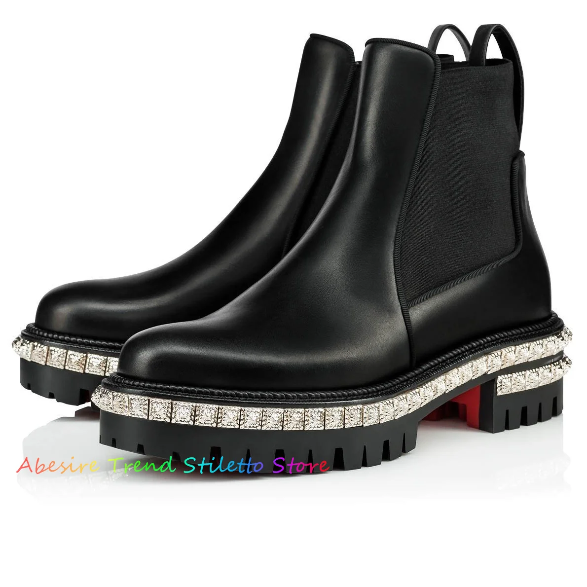 Men Black Leather Crystal Decoration High Top Boot Round Toe Low Heel Slip On Winter Men Newest Designer Brand Dress Ankle Boot