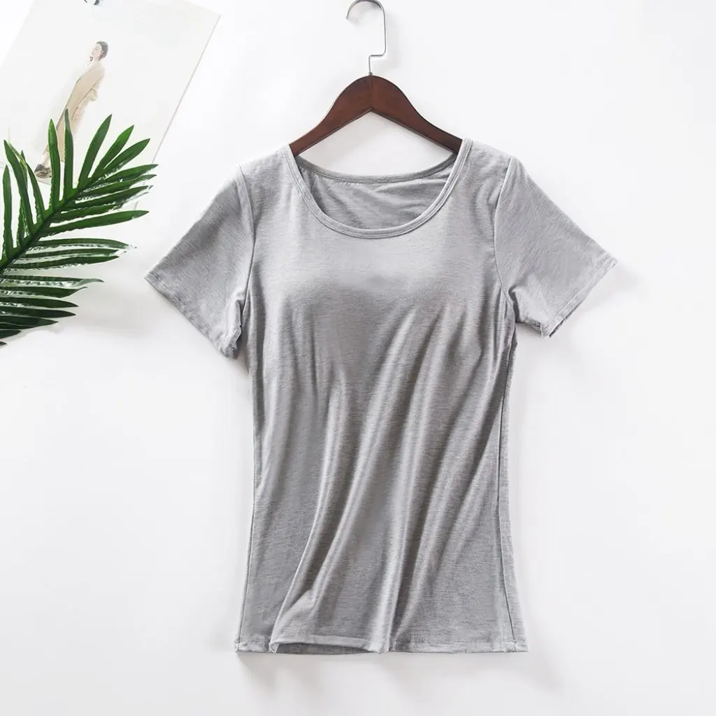 

Women's Modal Short-Sleeved T-Shirt with Chest Pad Solid Color Bra-Free Yoga Home Bottoming Sports Top