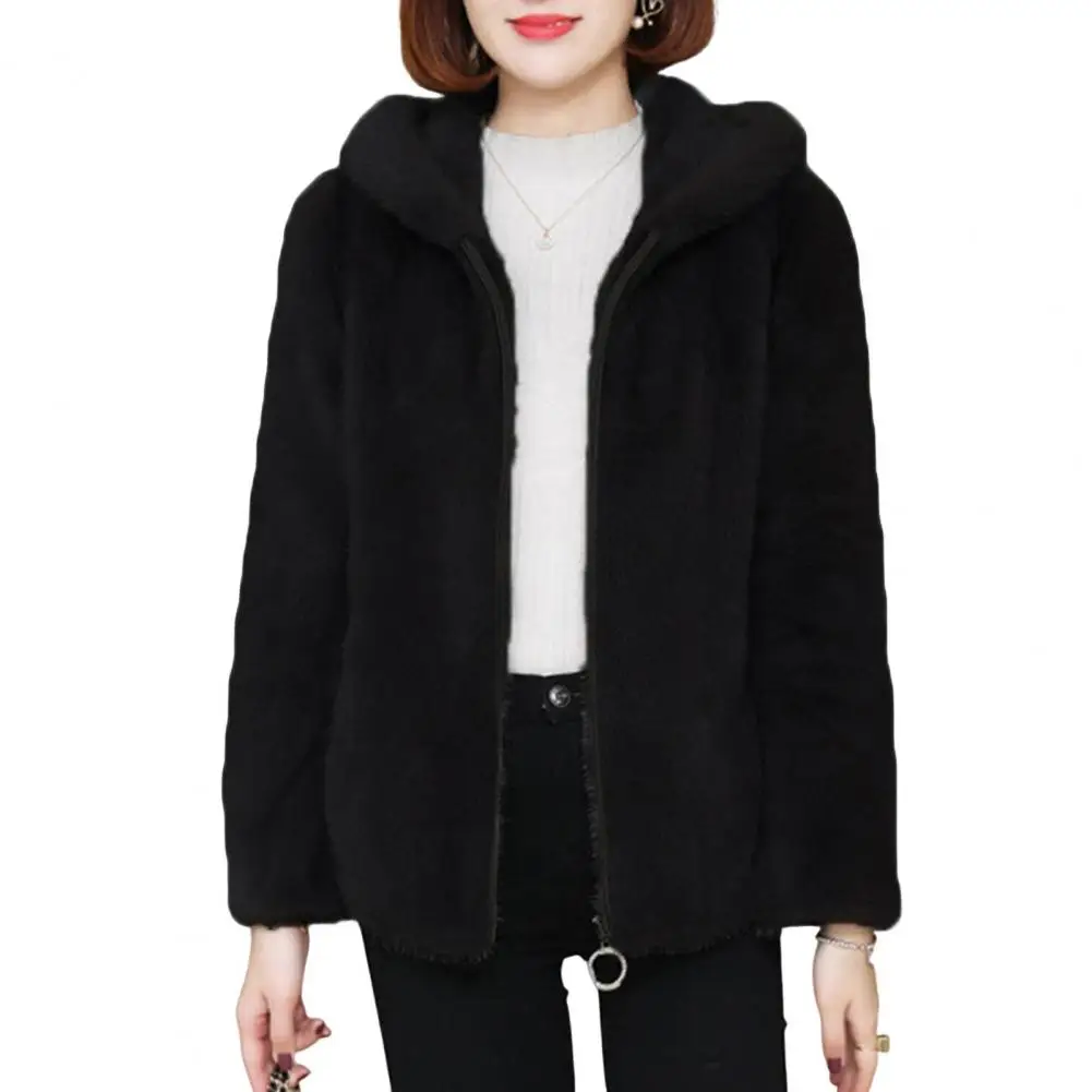 Cappotto invernale da donna in Cashmere con risvolto in peluche a doppia faccia con cappuccio a maniche lunghe con chiusura a cerniera Cardigan allentato in pelliccia sintetica capispalla