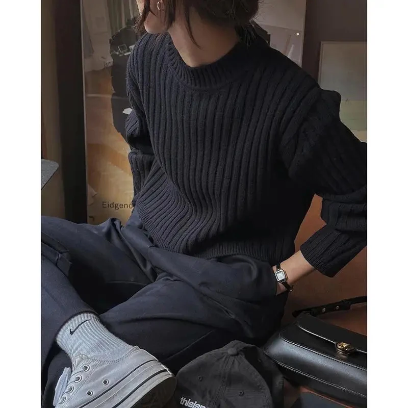 Streetwear Cropped Sweater Women Vintage Striped Knitted Pullovers Harajuku Korean Slim Knitwear Japanese Black Casual Jumper