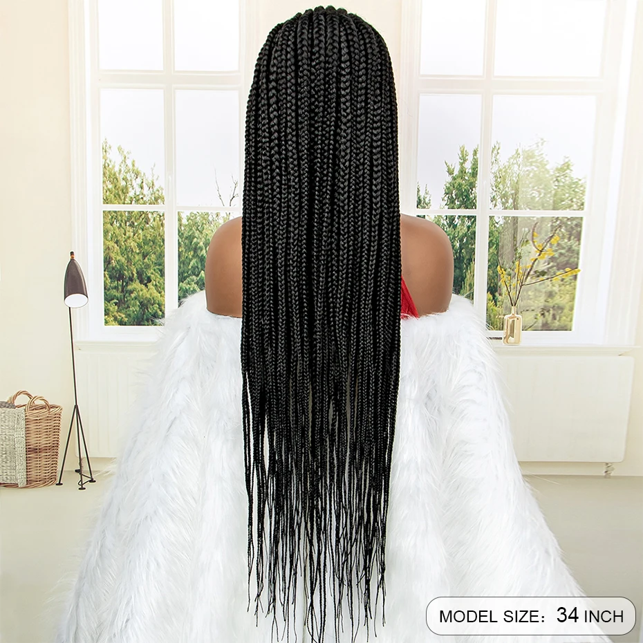 Pelucas trenzadas de 34 pulgadas para mujeres negras, peluca sintética de encaje completo con pelo de bebé, pelo trenzado de aciano negro, recién llegado